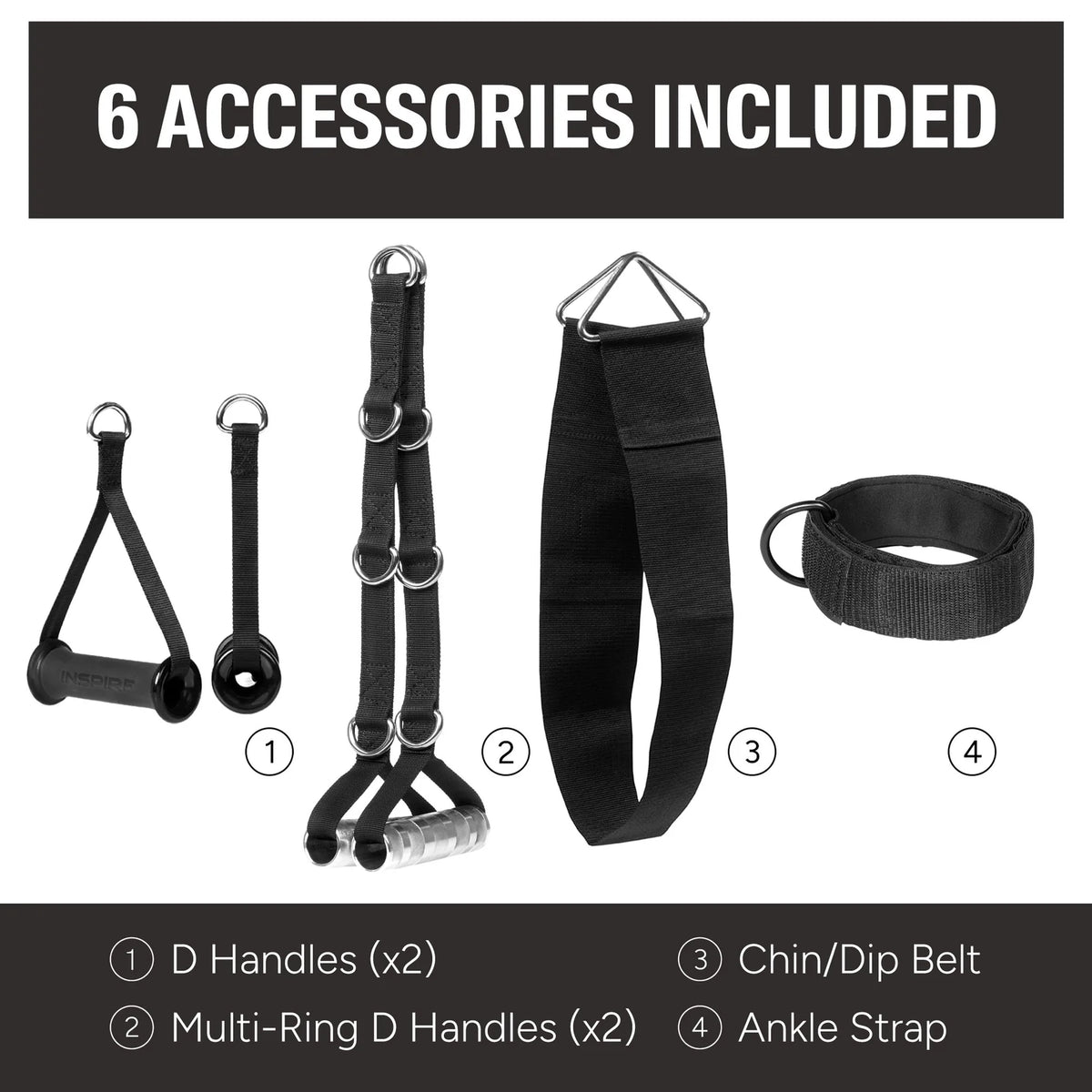 Accessories included with the Inspire SCS station, including handles, ankle strap and belt